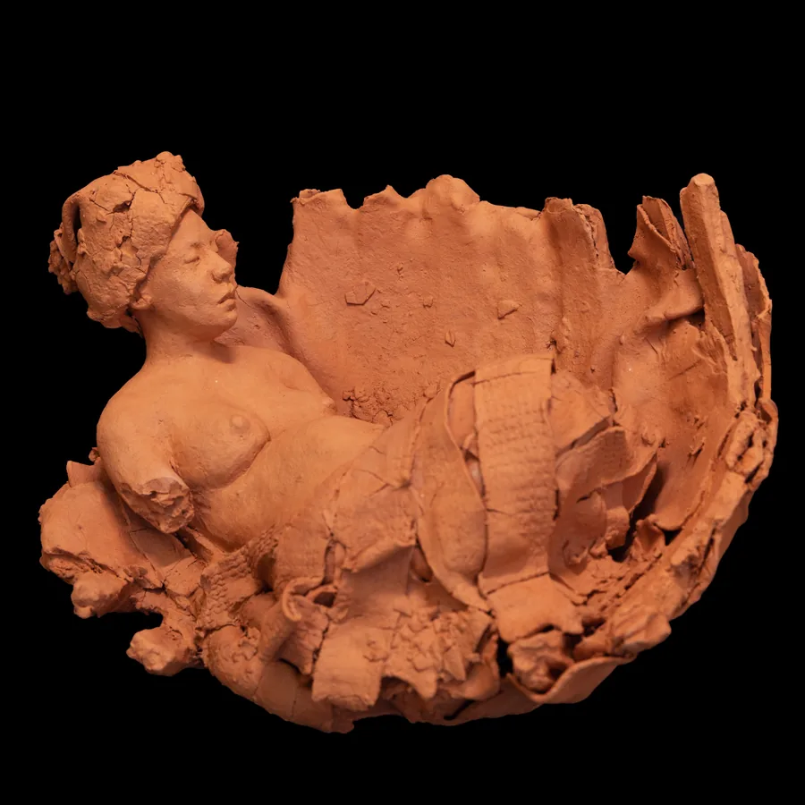 amai, red stoneware vessel and reclining figure from the other side