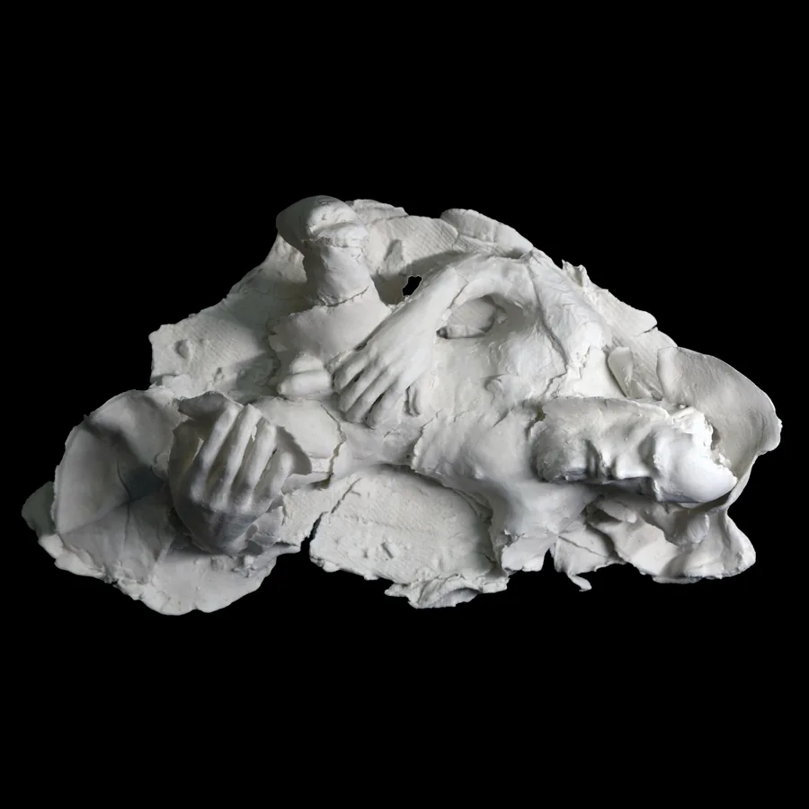 entropis, white porcelain seen from above, clasped hands and a face set into the folds