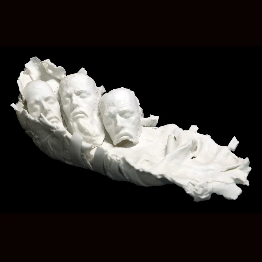 kairos, white porcelain boat-like form holding three heads side by side, eyes closed