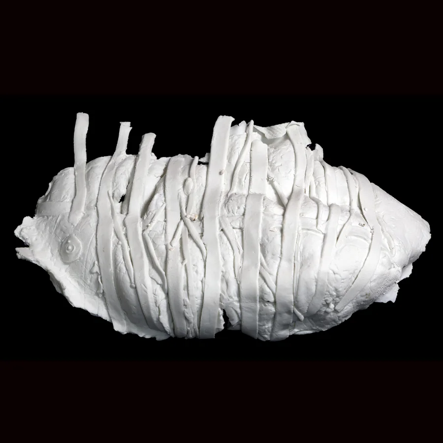 kairos, underside of the white porcelain form, built from strips of clay