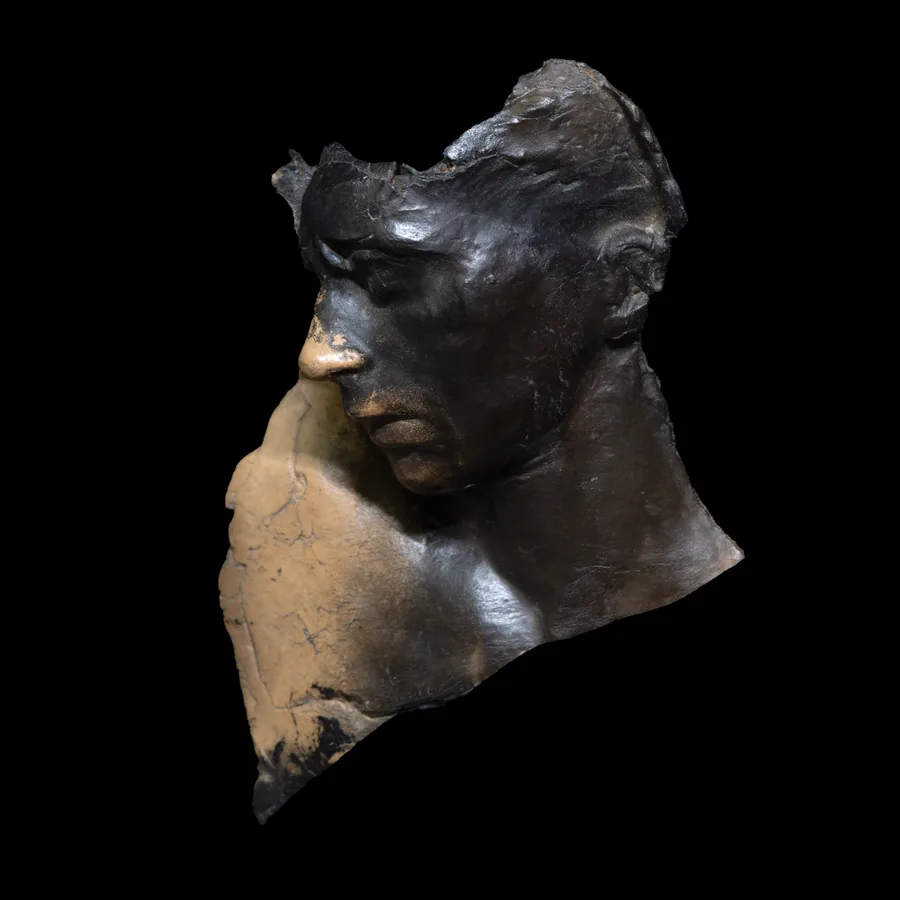 portrait study ii, smoke-fired terracotta face turned further aside