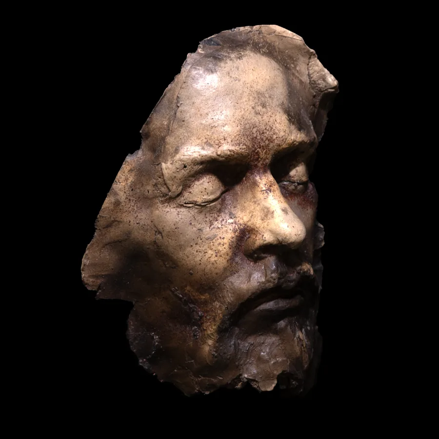 portrait study iii, smoke-fired stoneware face of a bearded man, three-quarter view