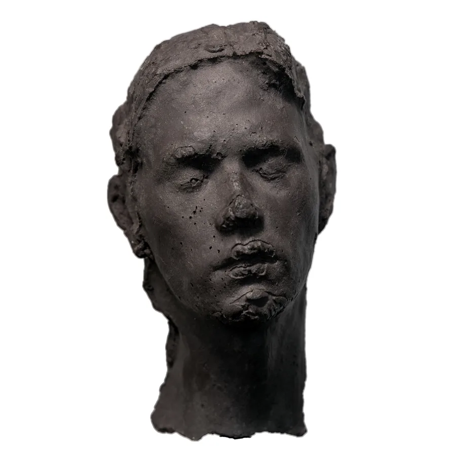 quietus, black porcelain head of a man with a short beard, front view