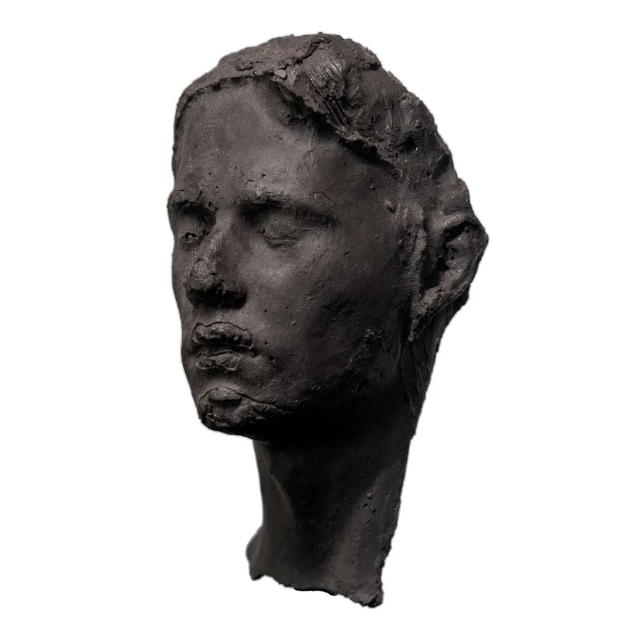 quietus, black porcelain head of a man with a short beard, three-quarter view