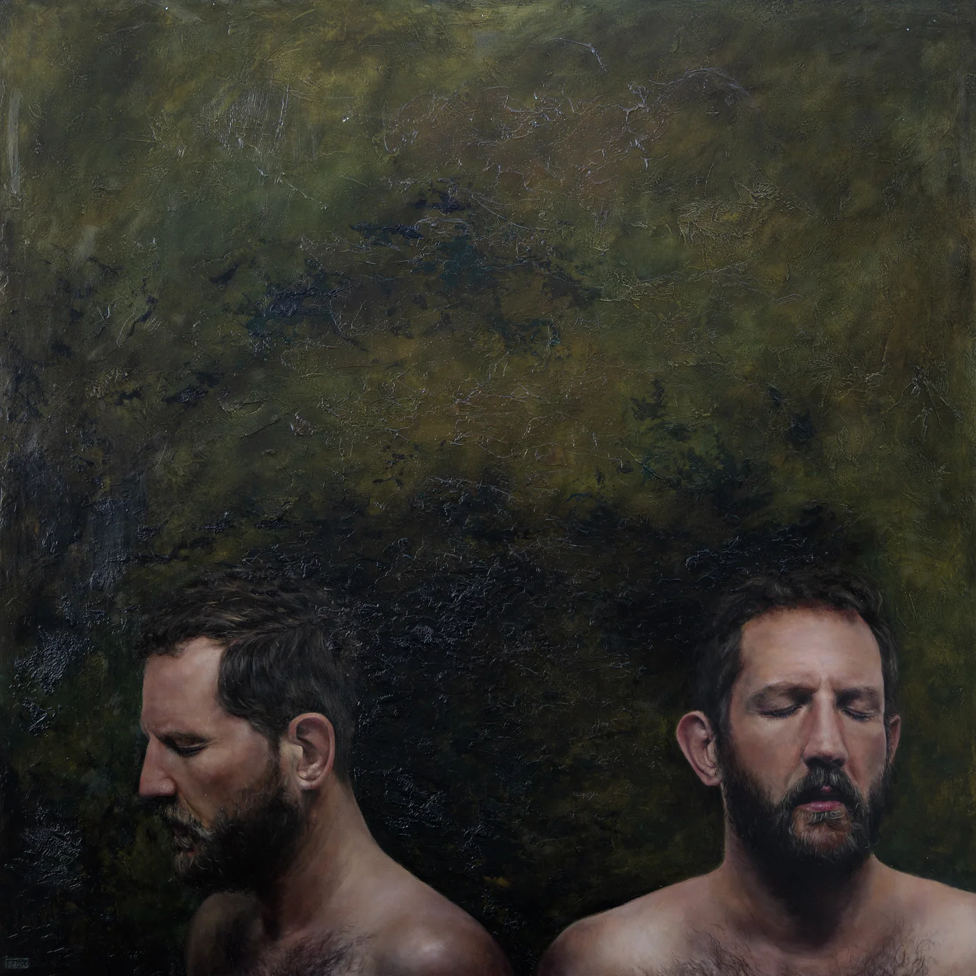the space between: renzo, oil painting of a bearded, bare-shouldered man shown twice against a dark green ground, once in profile looking down, once facing forward with eyes closed