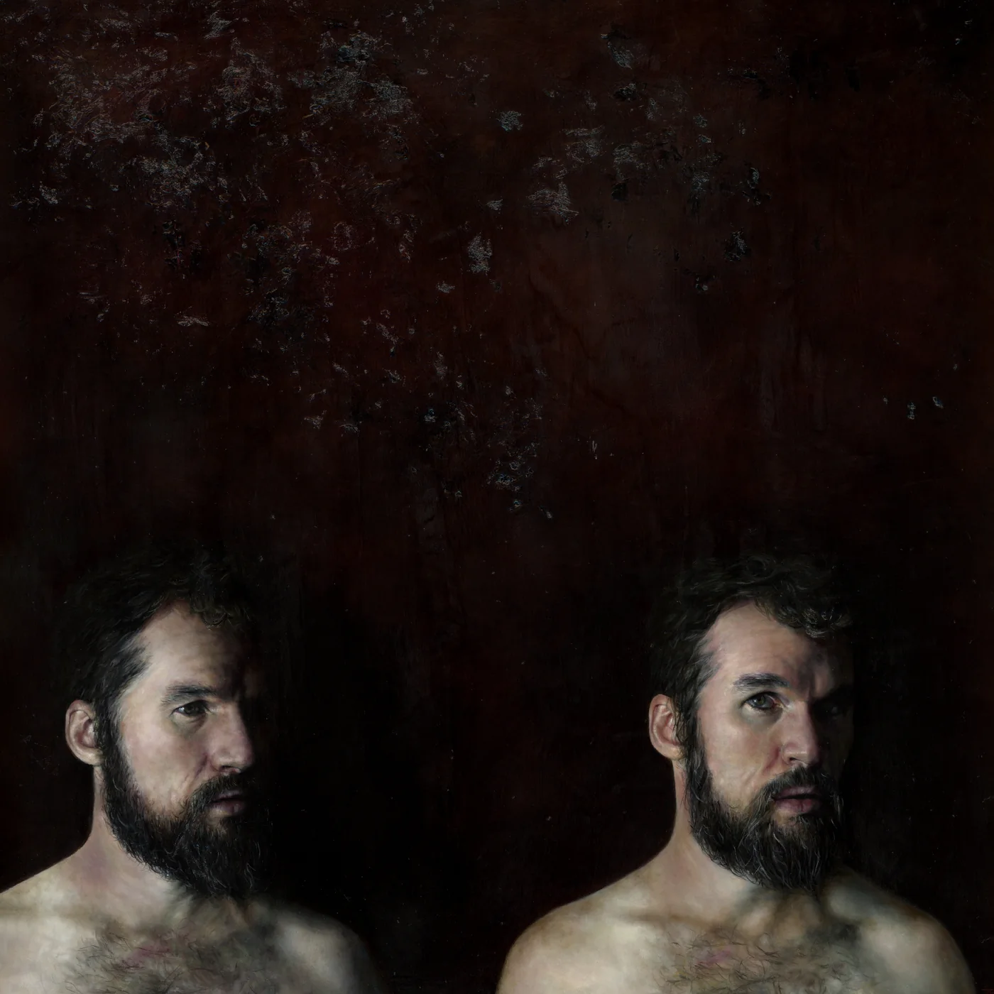 the space between: shaun, oil painting of a bearded, bare-shouldered man shown twice at the foot of a dark red-brown ground, one face turned aside, one looking out